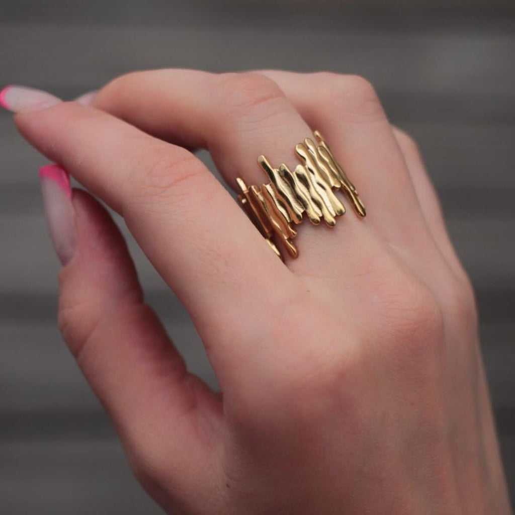 Textured Melt Gold Statement Ring- Adjustable