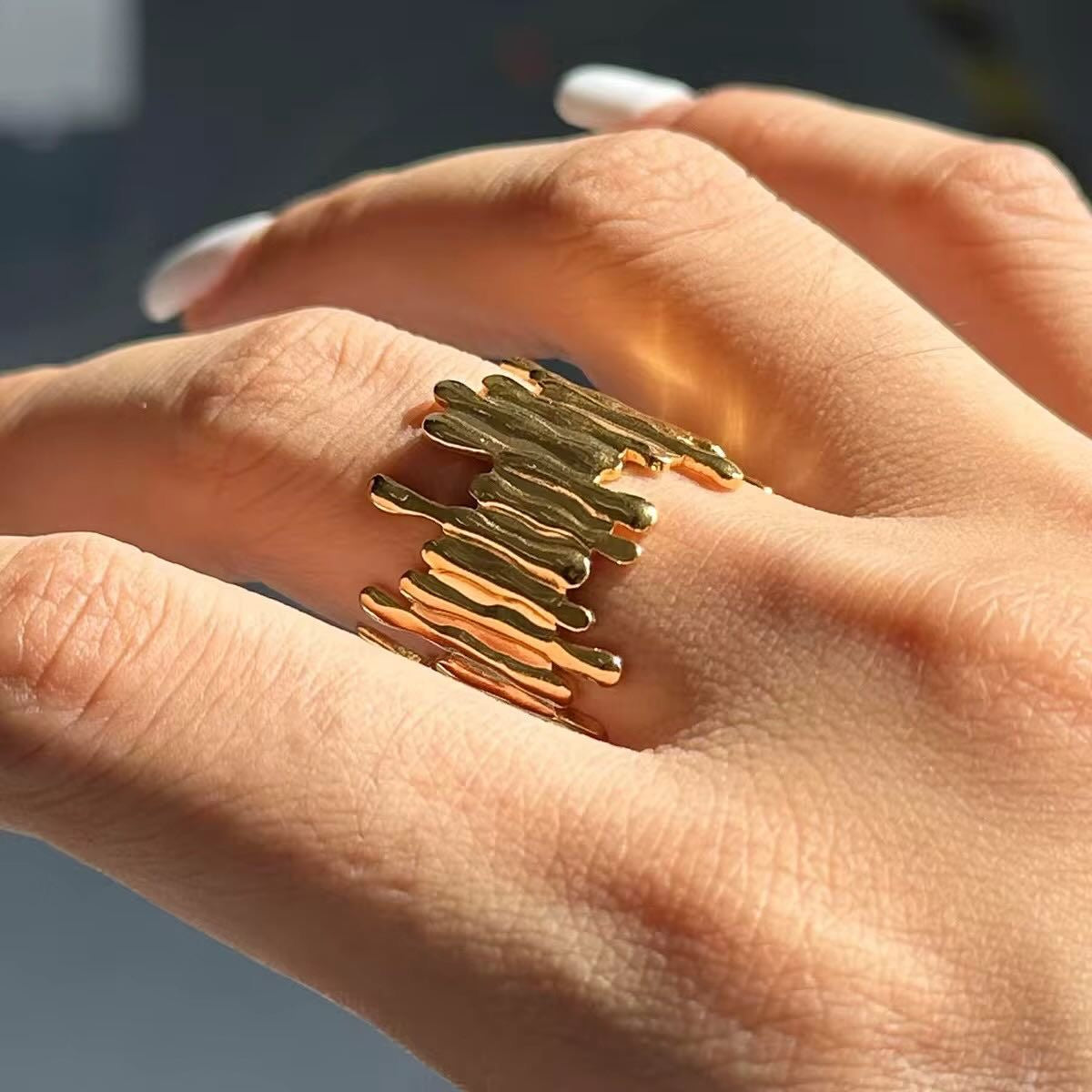 Textured Melt Gold Statement Ring- Adjustable